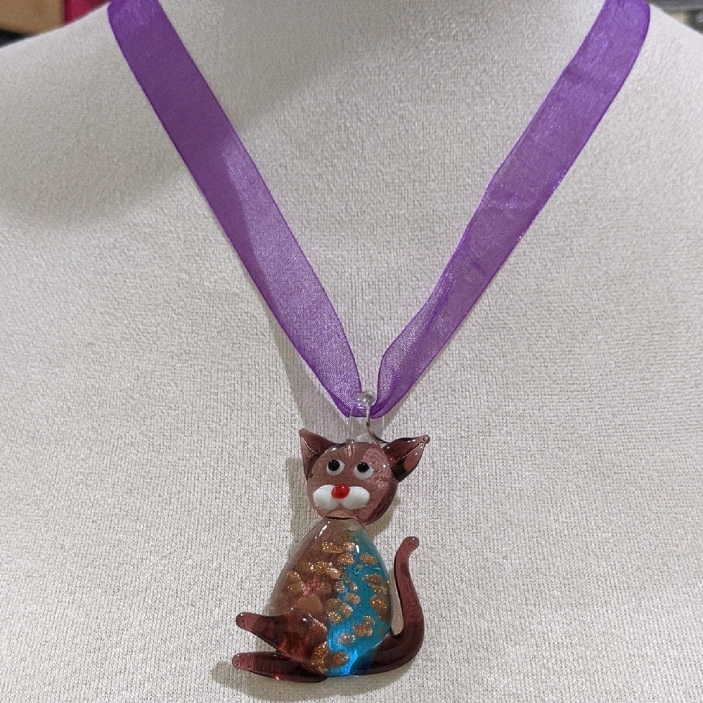 Purple Cat Glass Blown Pendant Necklace